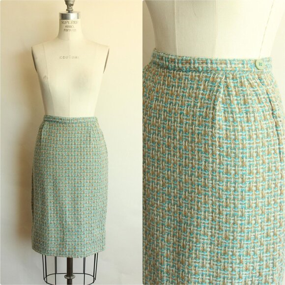 Vintage 1960s Skirt, Majestic Specialties Tweed Check or Plaid Wool Pencil Skirt